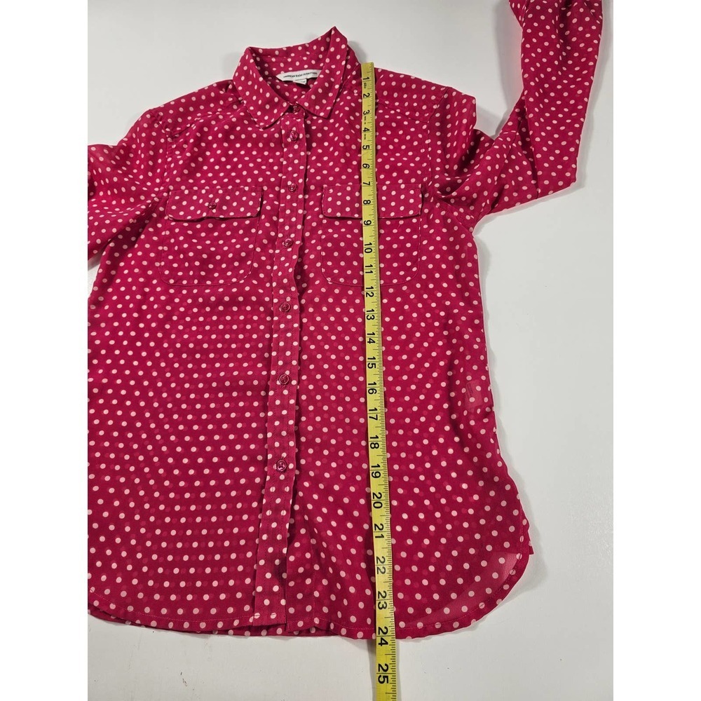 Pink and white polka dot long sleeve sheer button up size XXS ^ EUC - Picture 8 of 8